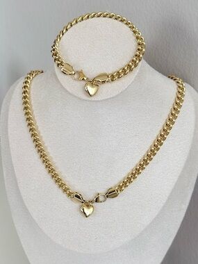 Cuban Choker Chain with Heart Charm Necklace & Bracelet Set | 14K Gold Plated